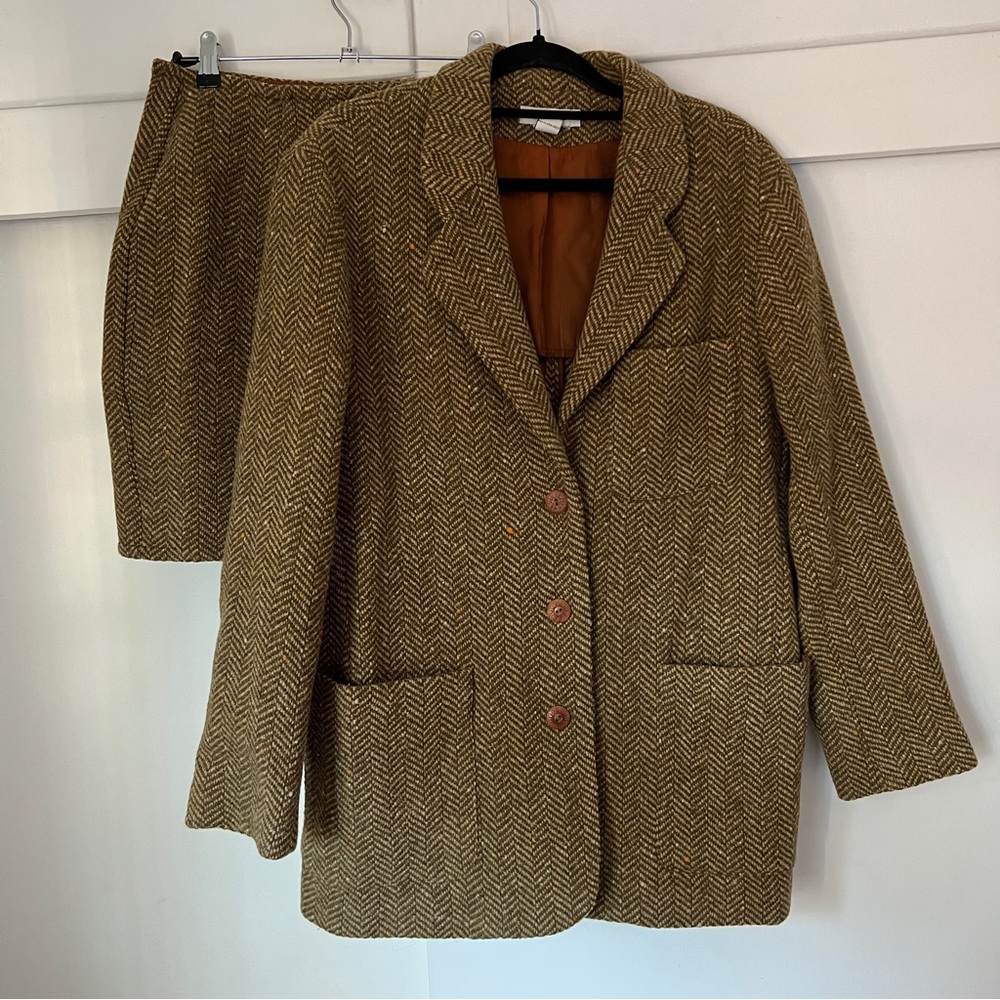 1990s Ann Taylor Vintage Skirt Suit Set Olive Green Tweed Set M/12